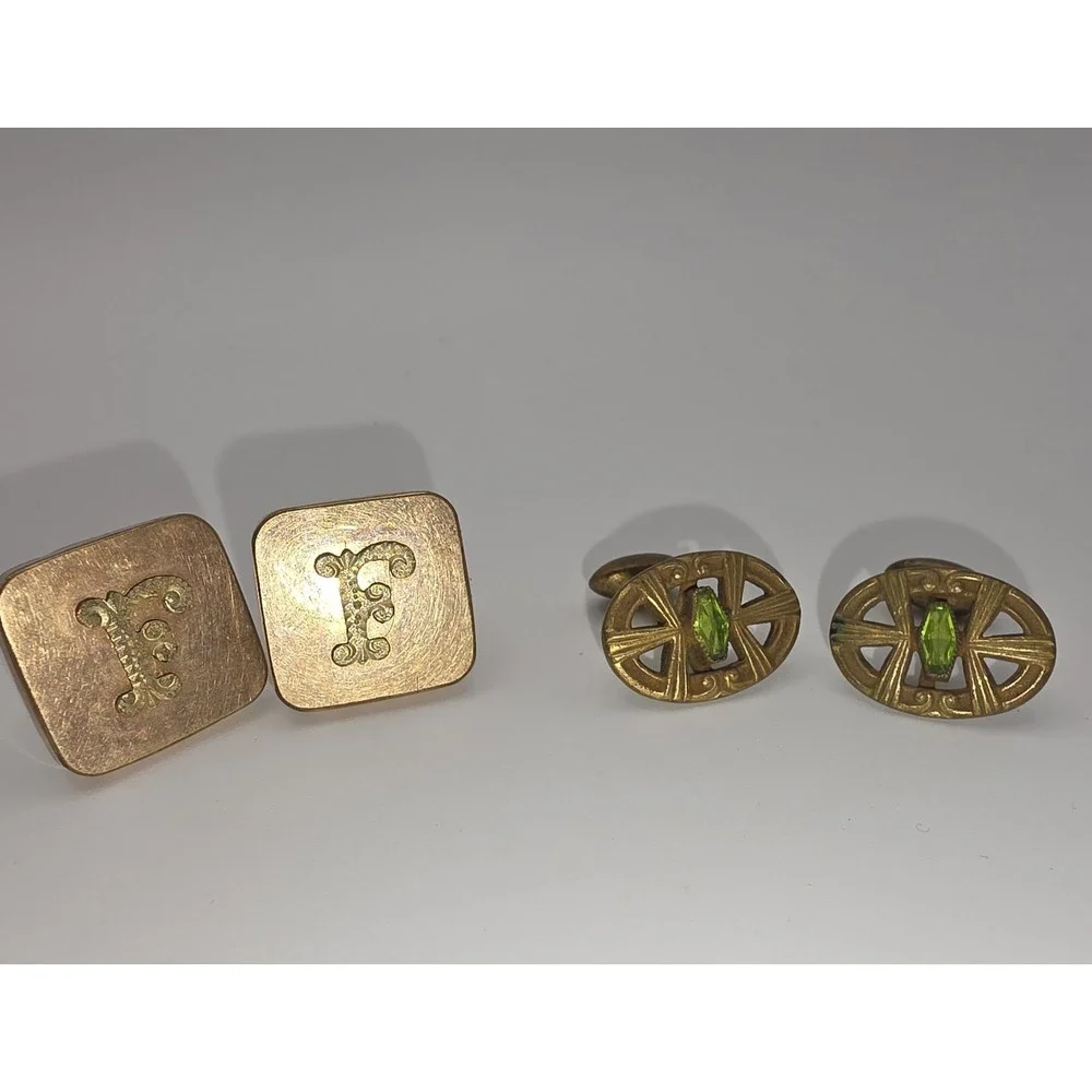Vintage Gold Toned Cuff links Filigreen Green Glass Lot Monogram F